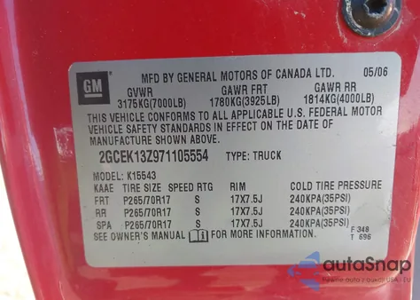 2007 Chevrolet Silverado 1500 Classic Lt1 from USA, damaged, VIN 2GCEK13Z971105554